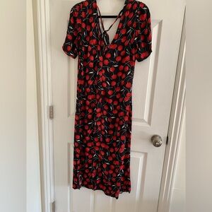 Reformation Black Midi Dress with Red Cherry Print